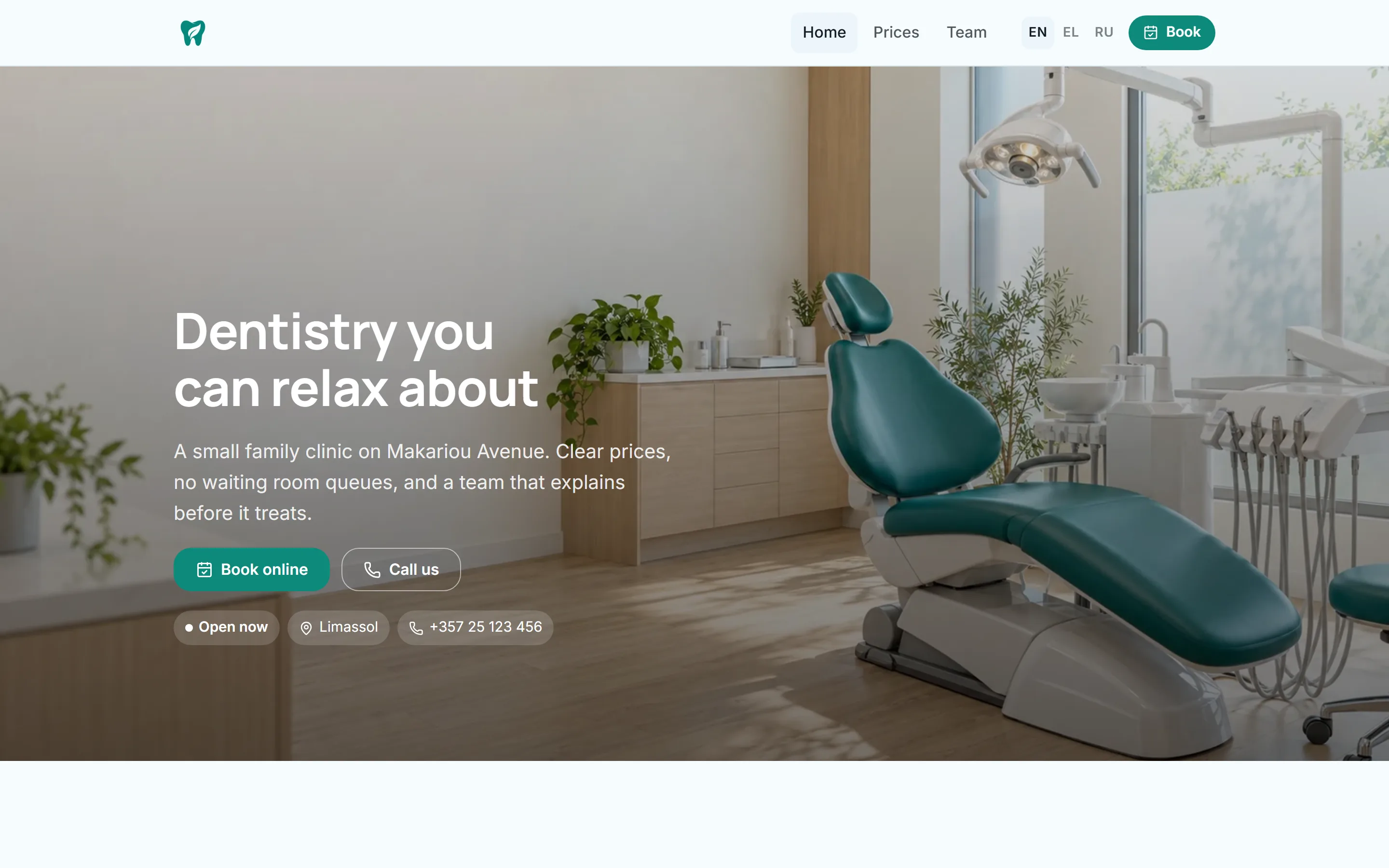 Tropic Dental Clinic website, Home page, Light scheme (desktop)
