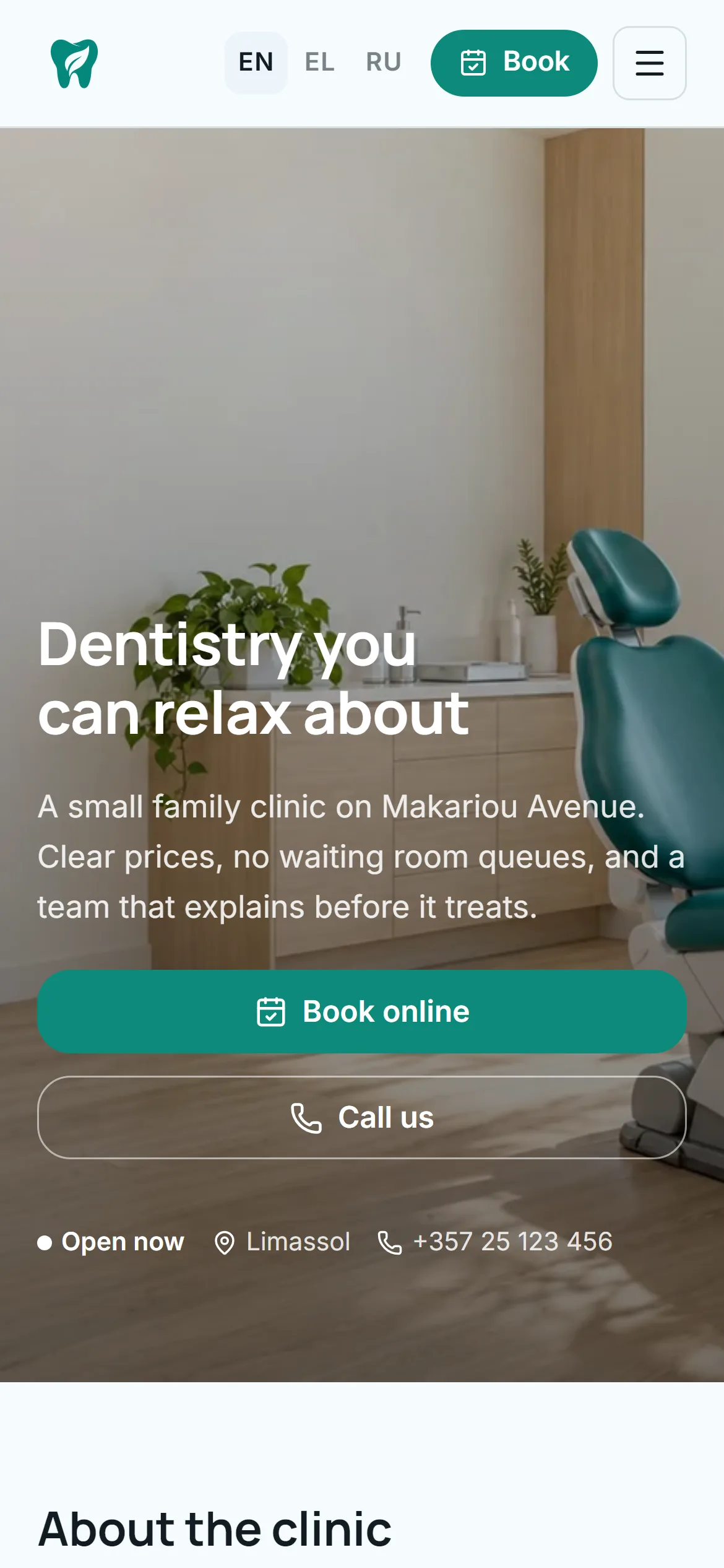 Tropic Dental Clinic website, Home page, Light scheme (phone)